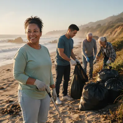 Church Volunteers Cleaning Beach at Sunrise
