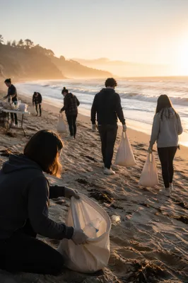 Church Volunteers Cleaning Beach at Sunrise