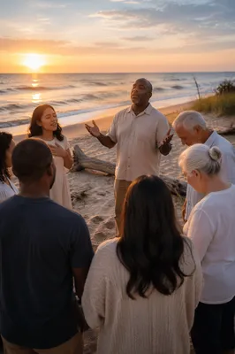 Beach Gathering at Sunset by Ocean