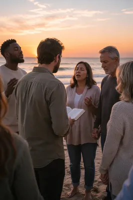 Beach Worship Gathering at Sunset Shoreline