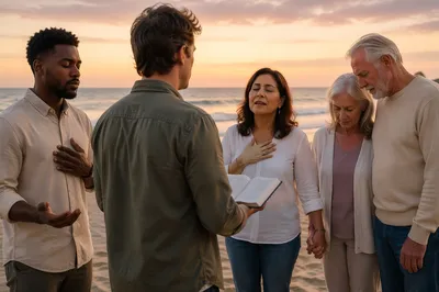 Beach Worship Gathering at Sunset Shoreline