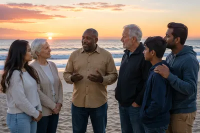 Beach Gathering at Sunset by Ocean