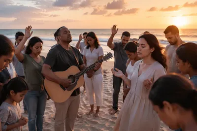 Beach Gathering at Sunset by Ocean