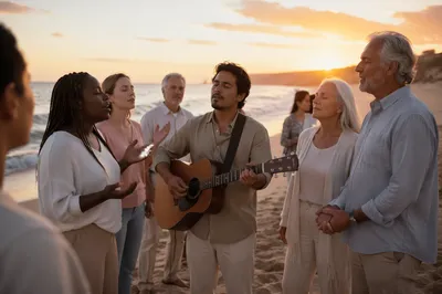 Beach Gathering at Sunset by Ocean