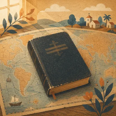 Bible on World Map for Mission Outreach