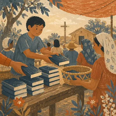Bible Distribution in Rural Chapel Courtyard