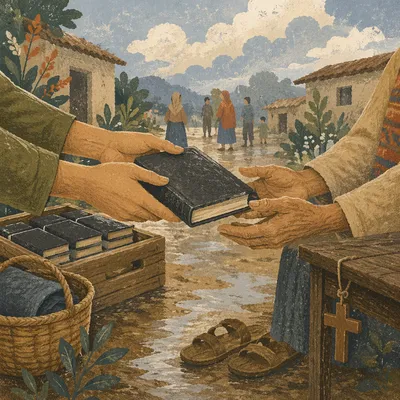 Bible Distribution in Rainwashed Village Courtyard