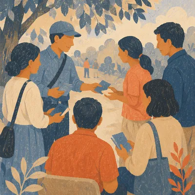 Church Outreach Sharing Scripture Booklets Outdoors