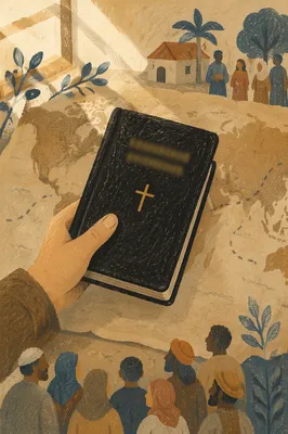 Hand Holding Bible Over Mission Map