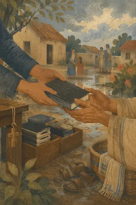 Bible Distribution in Rain Washed Village Courtyard