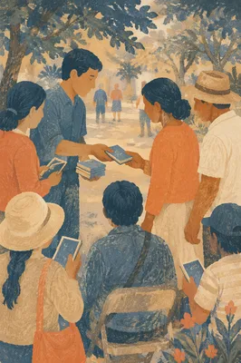 Church Outreach Sharing Scripture Booklets Outdoors