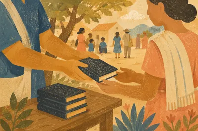 Bible Distribution in Rural Mission Courtyard