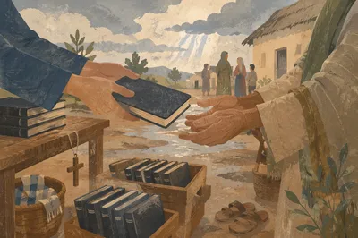 Bible Distribution in Rain Washed Village Courtyard