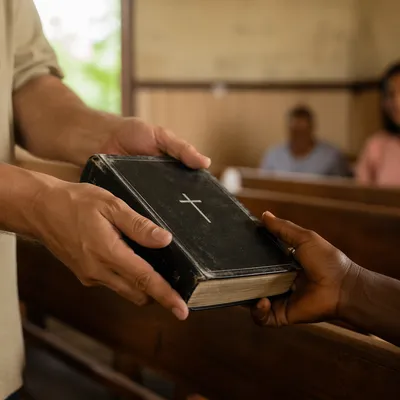 Hands Sharing Bible in Mission Outreach