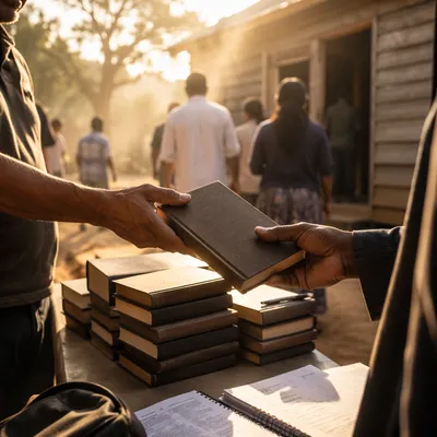 Bible Distribution in Rural Mission Courtyard