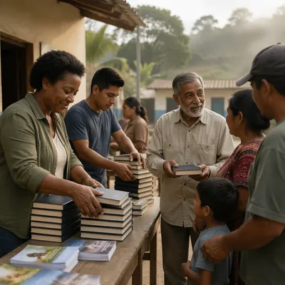Volunteers Organizing Books in Rural Courtyard