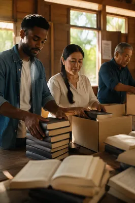 Volunteers Sorting Donated Books in Community Hall