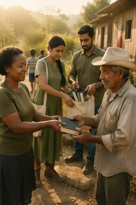 Volunteers Distributing Books in Rural Village
