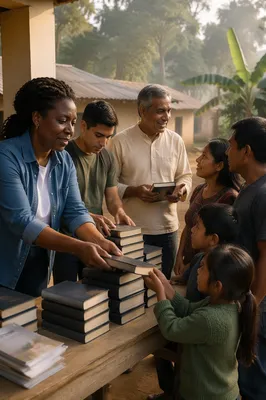 Volunteers Organizing Books in Rural Courtyard