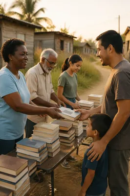 Volunteers Distributing Books in Rural Village