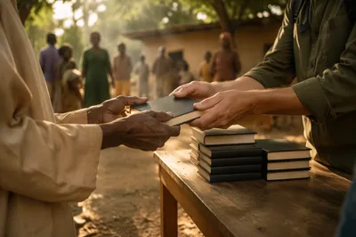 Rural Bible Distribution Outreach in Warm Light