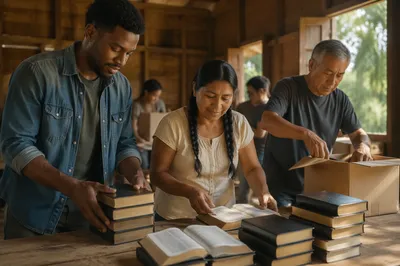 Volunteers Sorting Donated Books in Community Hall