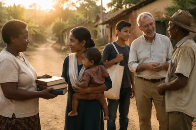 Volunteers Sharing Books on Rural Path