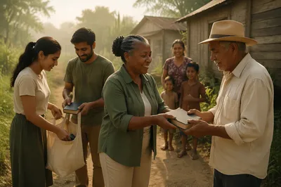 Volunteers Distributing Bibles in Rural Village