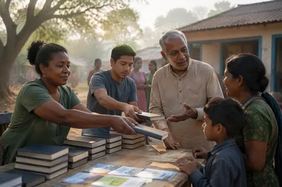 Volunteers Organizing Books in Rural Courtyard