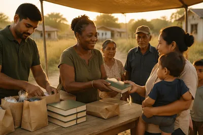 Book Distribution in Rural Village at Sunset