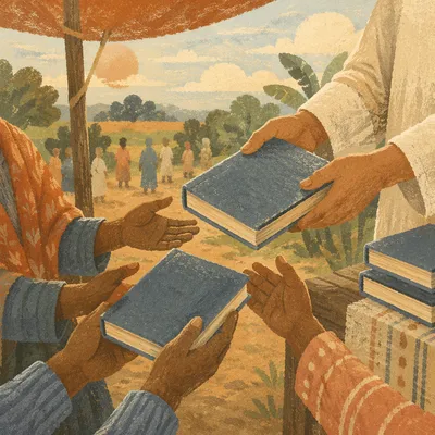Hands Receiving Bibles in Mission Field