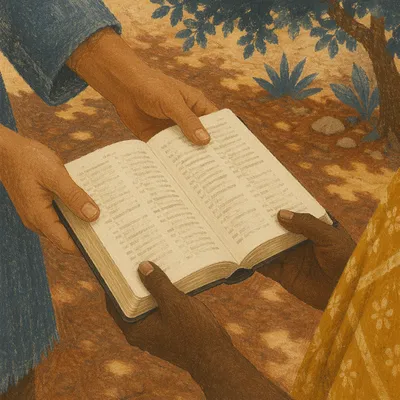 Hands Receiving Bible in Mission Field