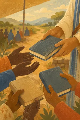 Hands Receiving Bibles in Mission Field