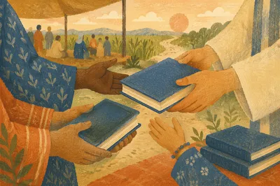 Hands Receiving Bibles in Mission Field