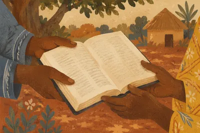 Hands Receiving Bible in Mission Field