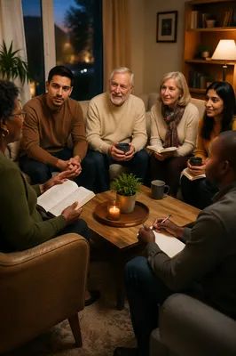 Evening Bible Study Group in Living Room