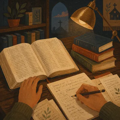 Bible Translation Study Desk at Dusk