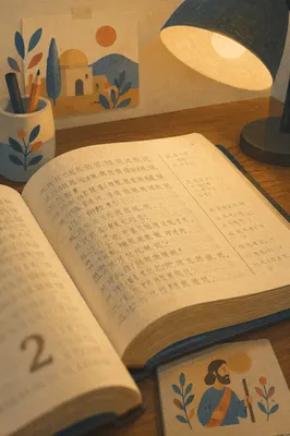 Warm Bible Translation Study Desk Scene