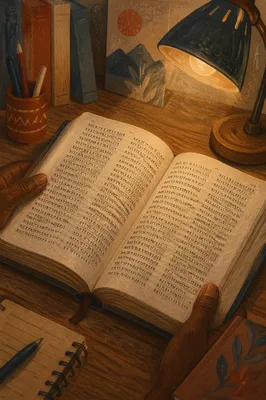 Bible Translation Study Under Desk Lamp