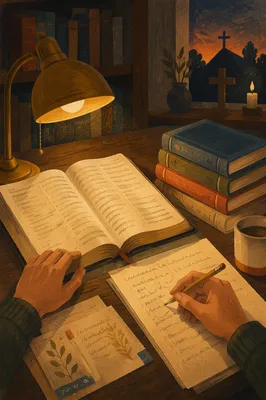 Bible Translation Study Desk at Dusk