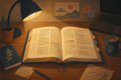 Bible Translation Study Desk Under Lamp