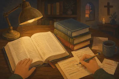 Bible Translation Study Desk at Dusk