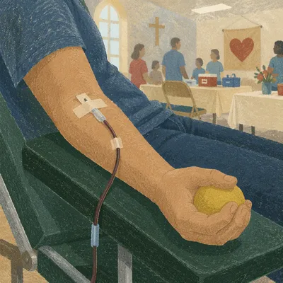 Church Blood Donation Drive Close-Up Scene