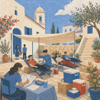 Church Community Blood Donation Courtyard Scene