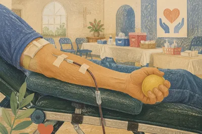 Church Blood Donation Drive Close-Up Scene