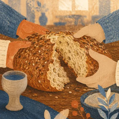 Breaking Bread Together at Communion Table