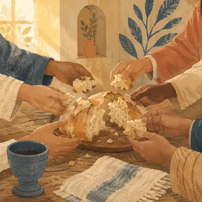 Breaking Bread Together at Communion Table