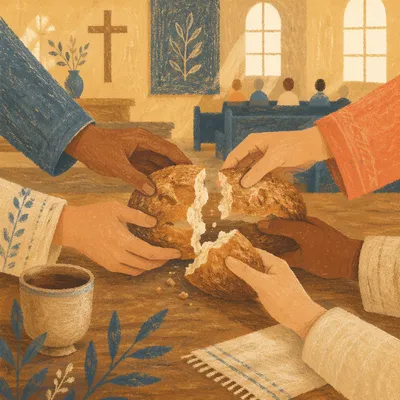 Hands Breaking Bread in Communion Close-Up
