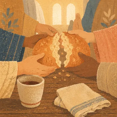 Hands Breaking Communion Bread in Chapel