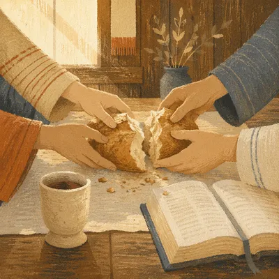 Communion Hands Breaking Bread in Wooden Chapel